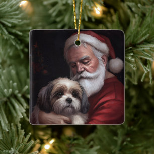 Malti Tzu With Santa Claus Festive Christmas Ceramic Ornament