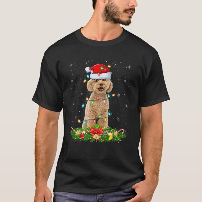 Maltipoo Dog Christmas Lights Funny Santa Hat Xmas T-Shirt (Front)