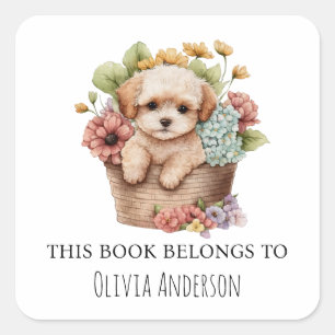 Maltipoo Puppy in Flower Basket This Book Belongs Square Sticker