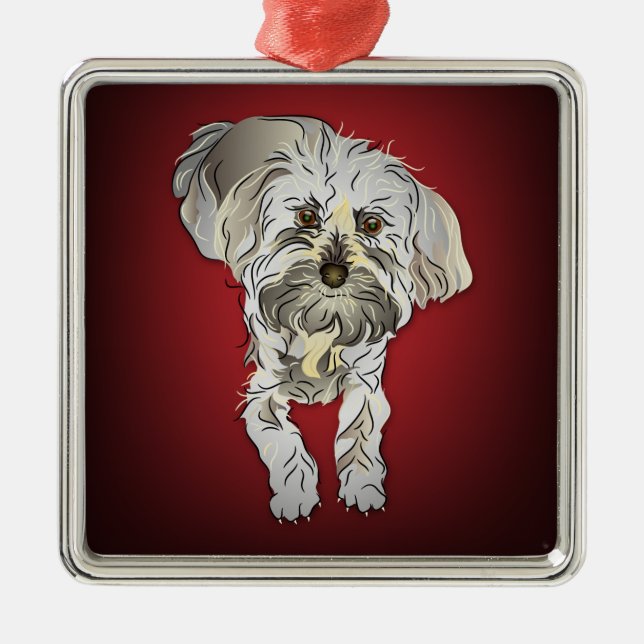 Maltipoo Puppy on Red Metal Tree Decoration (Front)