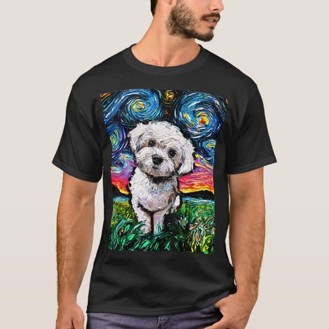 Maltipoo Starry Night White Maltese Poodle Dog Art T-Shirt (Front)