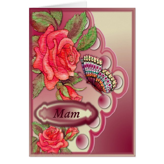 Mam with red roses and butterfly on cream and pink (Front)