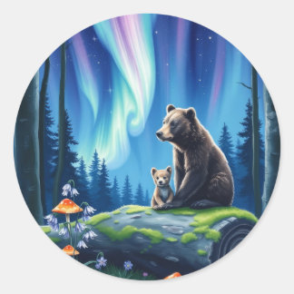 Mama and Baby Bear and the Northern Lights Classic Round Sticker
