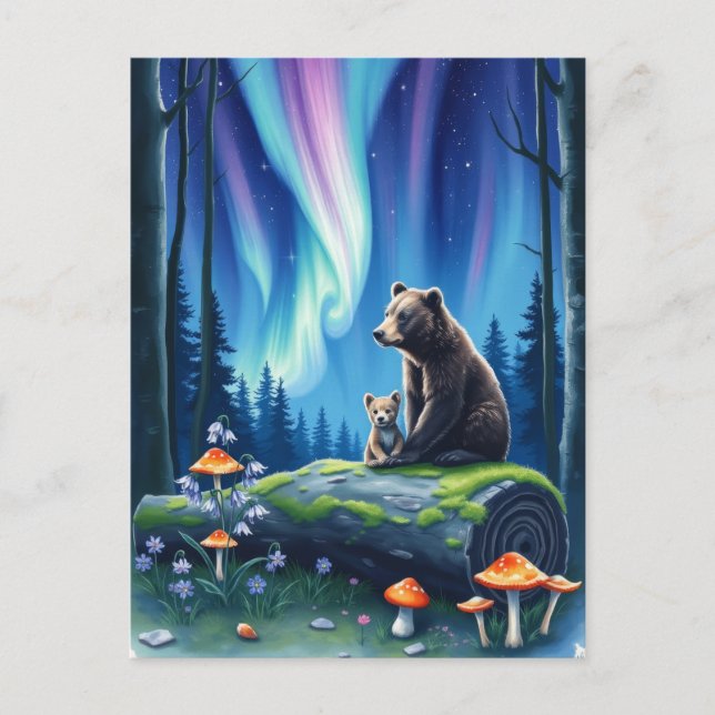 Mama and Baby Bear and the Northern Lights Postcard (Front)