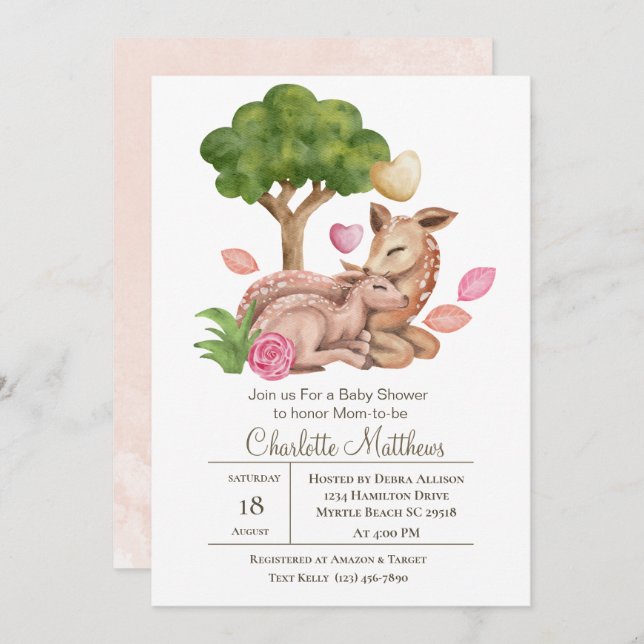 Mama and Baby Deer Forrest Animals Baby Shower  In Invitation (Front/Back)