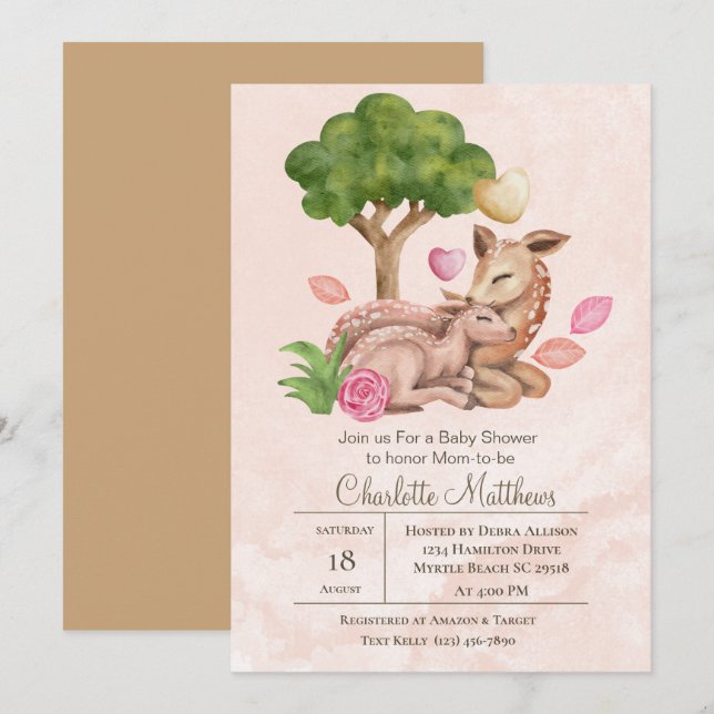 Mama and Baby Deer Forrest Animals Baby Shower  Invitation (Front/Back)