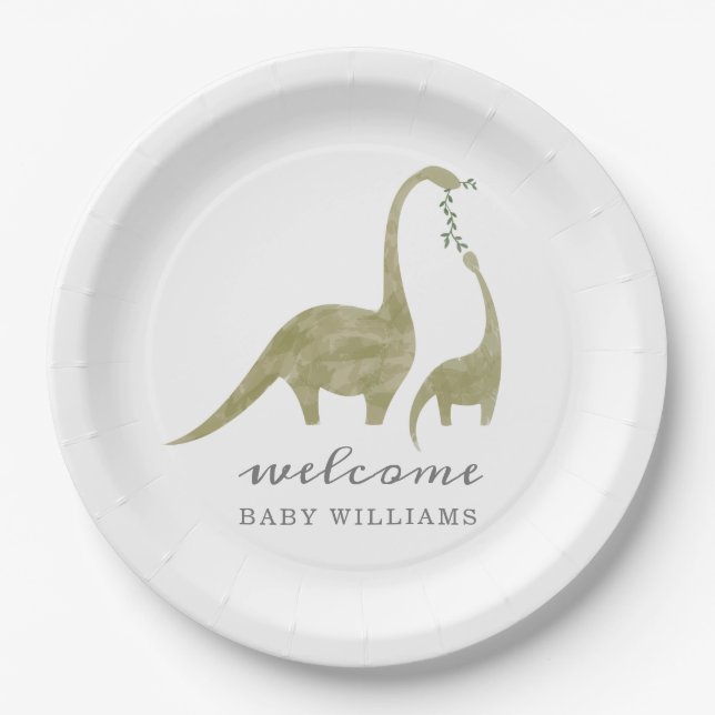 Mama and Baby Dinosaur Neutral Baby Shower Paper Plate (Front)