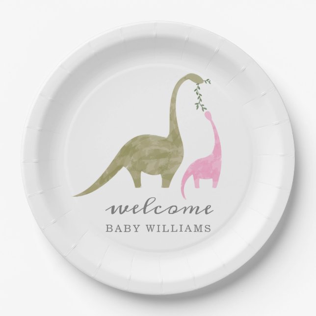 Mama and Baby Dinosaur Pink Baby Shower Paper Plate (Front)