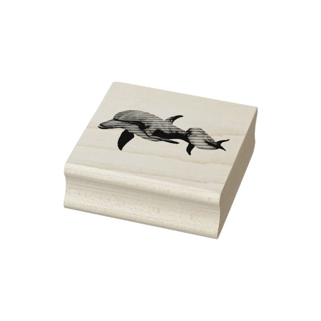 Mama and baby dolphin in ocean swimming rubber stamp (Stamp)