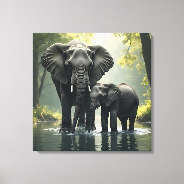 Mama and Baby Elephant in African-Rainforest Canvas Print (Front)