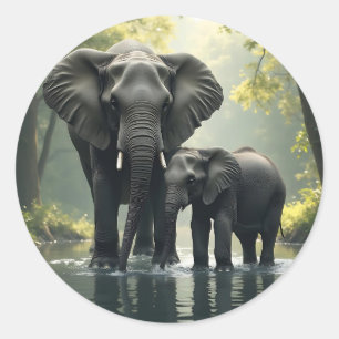 Mama and Baby Elephant in African-Rainforest Classic Round Sticker
