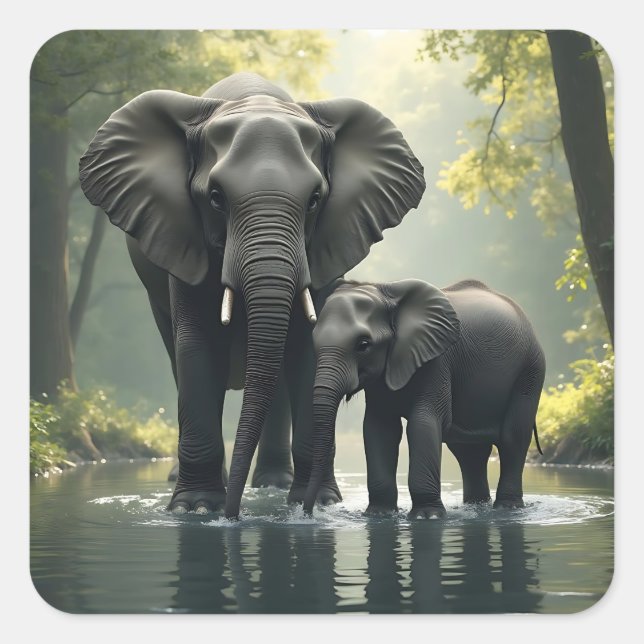 Mama and Baby Elephant in African-Rainforest Square Sticker (Front)