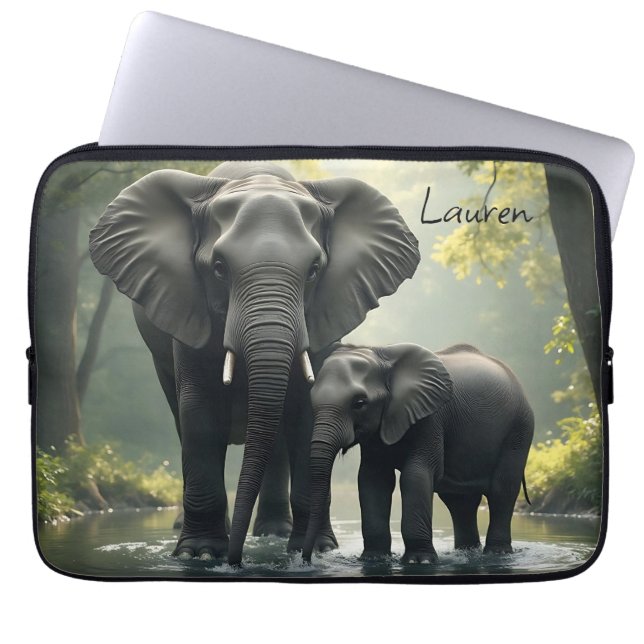 Mama and Baby Elephant Personalised Laptop Sleeve (Front)