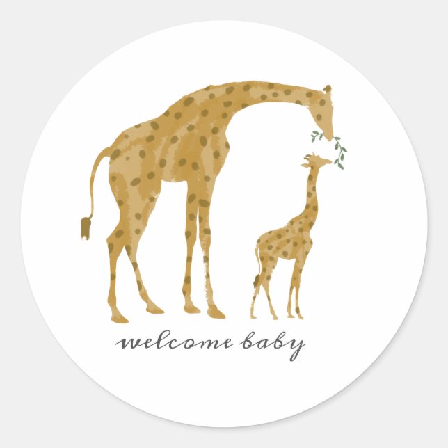 Mama and Baby Giraffe Feeding Baby Shower Classic Round Sticker (Front)