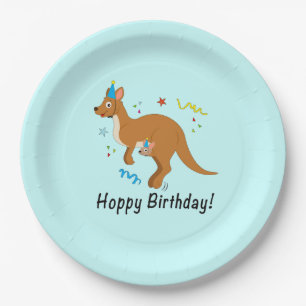 Mama and Baby Kangaroo in Birthday Hats Paper Plate