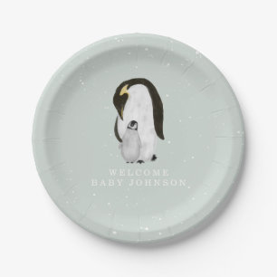 Mama and Baby Penguins Blue Winter Baby Shower Paper Plate