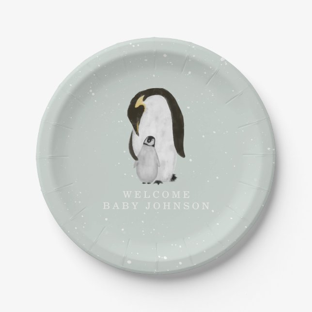Mama and Baby Penguins Blue Winter Baby Shower Paper Plate (Front)