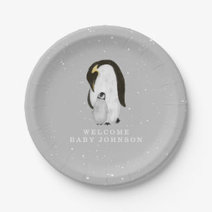 Mama and Baby Penguins Neutral Grey Baby Shower Paper Plate