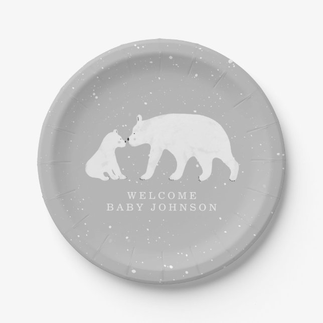 Mama and Baby Polar Bear Grey Winter Baby Shower Paper Plate (Front)