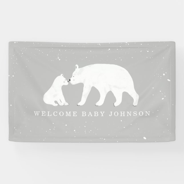 Mama and Baby Polar Bear Snow Grey Baby Shower Banner (Horizontal)