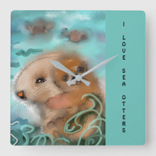 "Mama and Baby Sea Otter" Square Wall Clock