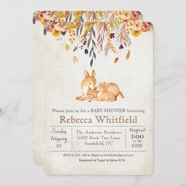 Mama and Deer Fall Leaves Baby Shower Invitation (Front/Back)