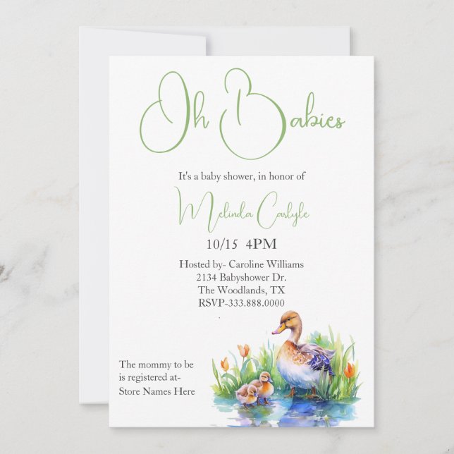 Mama and Twin Ducklings Baby Shower Invitation (Front)