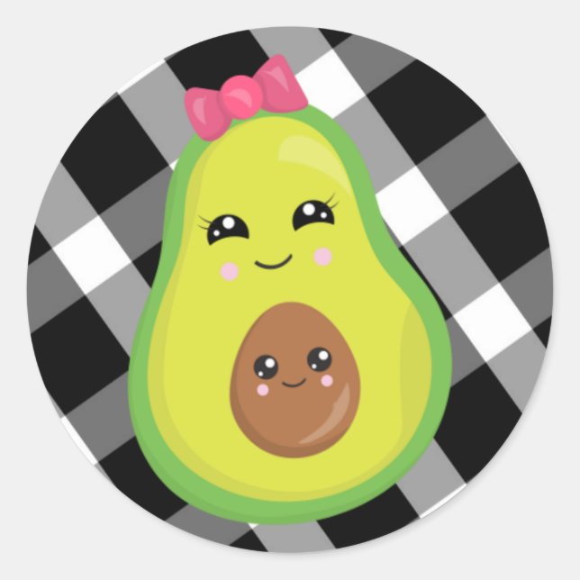 Mama Avocado on Black/White Gingham Classic Round Sticker (Front)