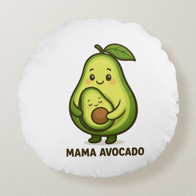 Mama Avocado with Baby – Cute Cartoon Design Round Cushion (Front)
