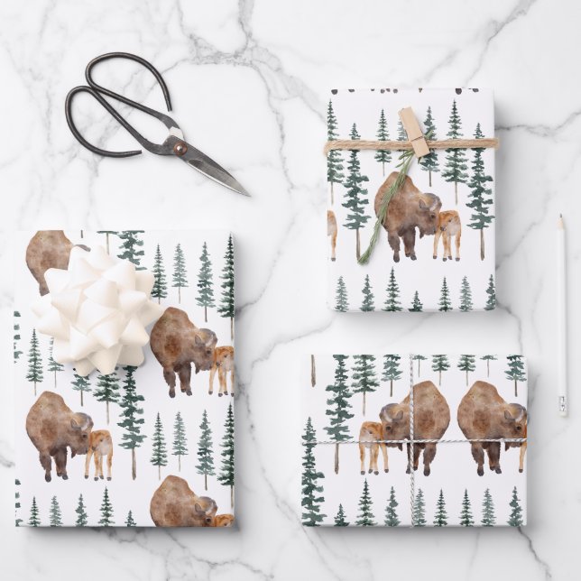 Mama Baby Bison Wrapping Paper Sheet (Front)