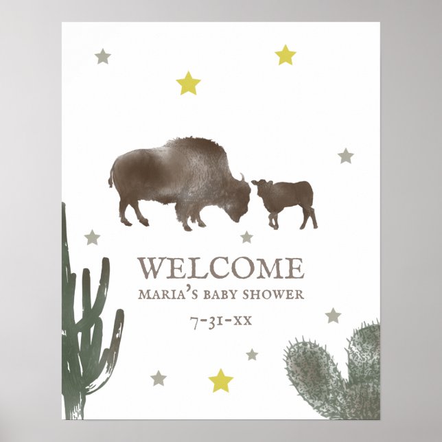 Mama Baby Buffalo Cactus Boy Baby Shower Welcome Poster (Front)