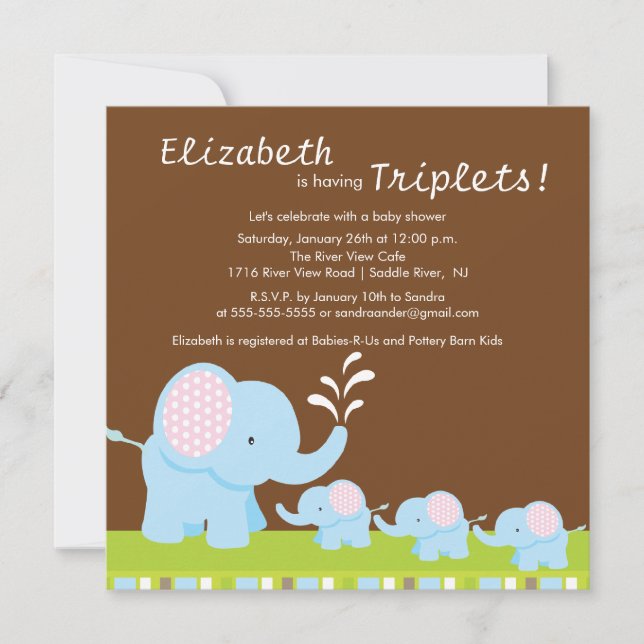 Mama & Baby Elephants Triplets Baby Shower Invitation (Front)