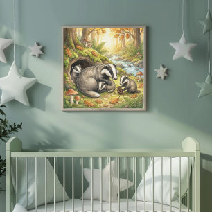 Mama Badger and Her Babies Nursery Poster