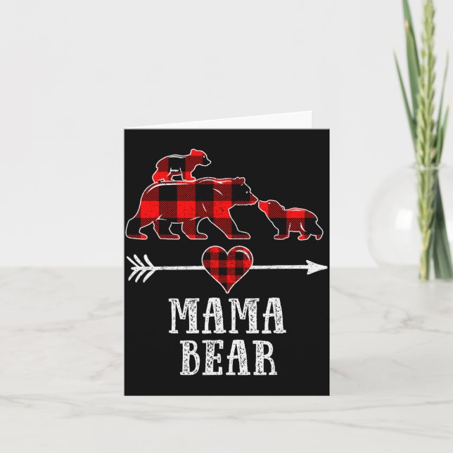 Mama Bear 2 Cubs Shirt, Christmas Mama Bear Plaid  Card (Front)