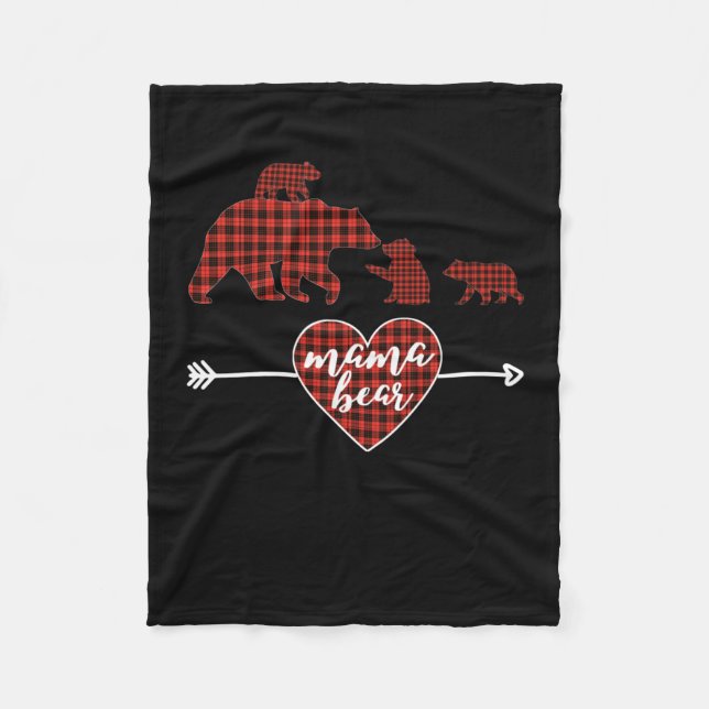 Mama Bear 3 Cubs red plaid Christmas mom Fleece Blanket (Front)