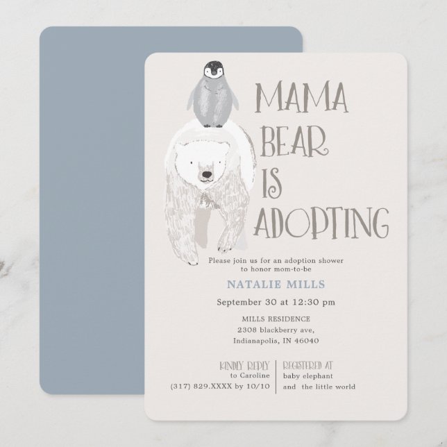 Mama Bear Adoption Blue Boy Baby Shower Invitation (Front/Back)