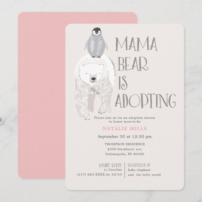 Mama Bear Adoption Pink Girl Baby Shower Invitation (Front/Back)