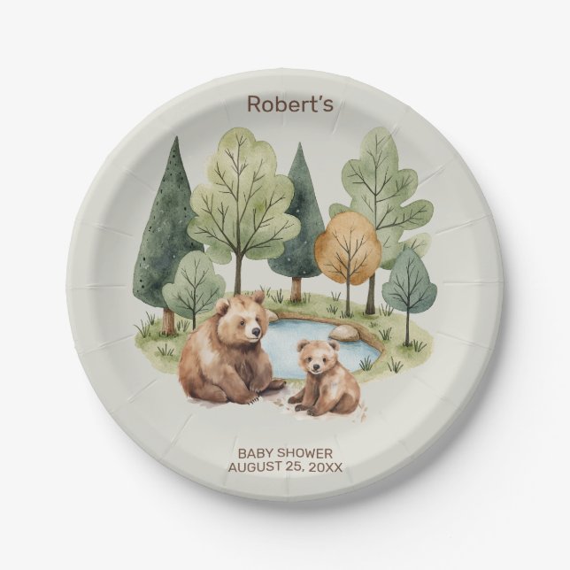 Mama bear adventure awaits baby shower invitation  paper plate (Front)