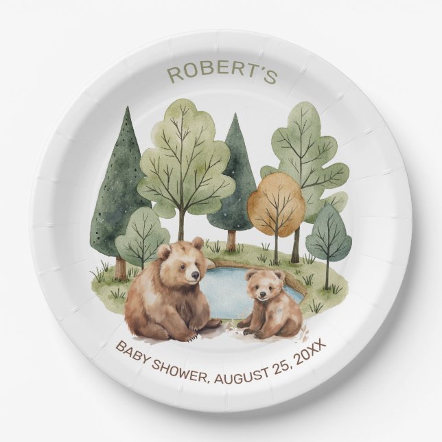Mama bear adventure awaits baby shower invitation  paper plate (Front)