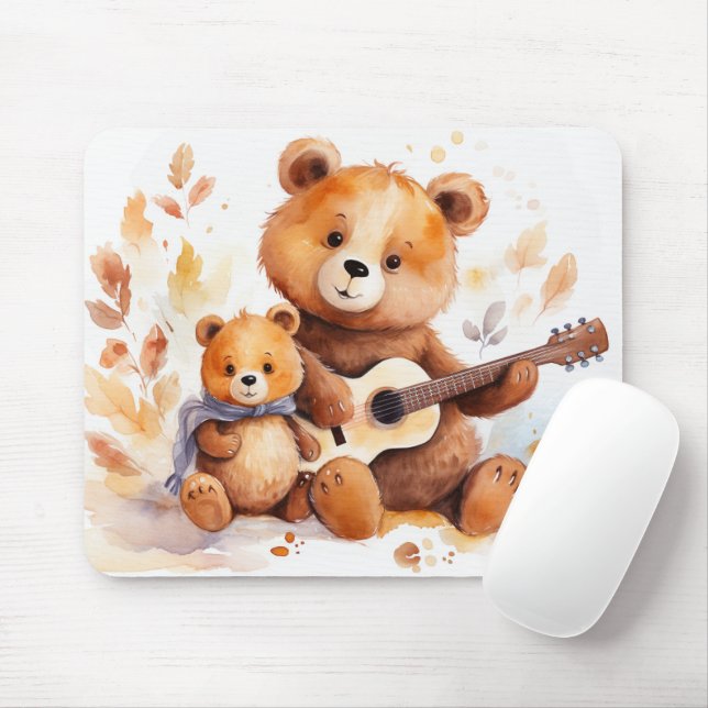 Mama Bear and Cub with Guitar Mouse Mat (With Mouse)