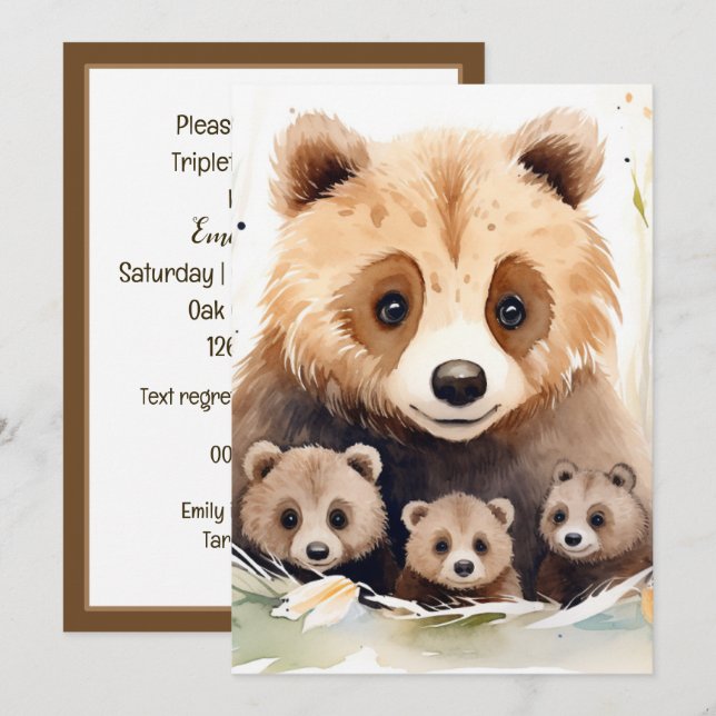 Mama Bear and Cubs Triplet Baby Shower Invitation (Front/Back)