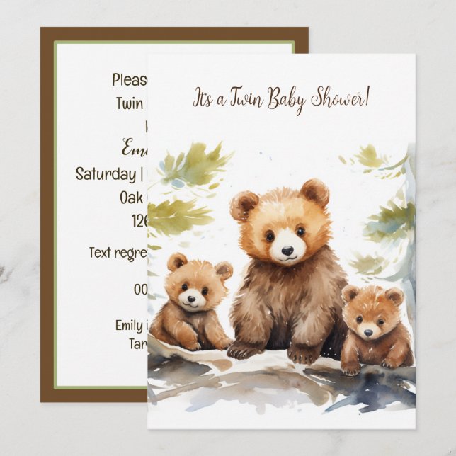 Mama Bear and Cubs Twin Baby Shower Invitation (Front/Back)