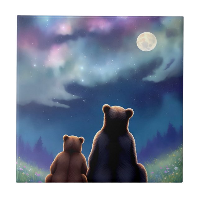 Mama Bear & Baby Cub Bears at Night Tile (Front)
