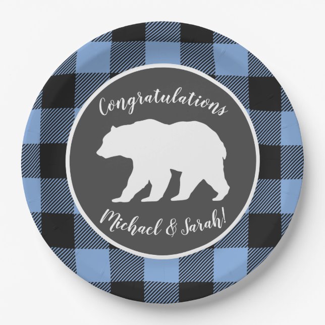 Mama Bear Baby Shower Woodland Lodge Boy Blue Paper Plate (Front)