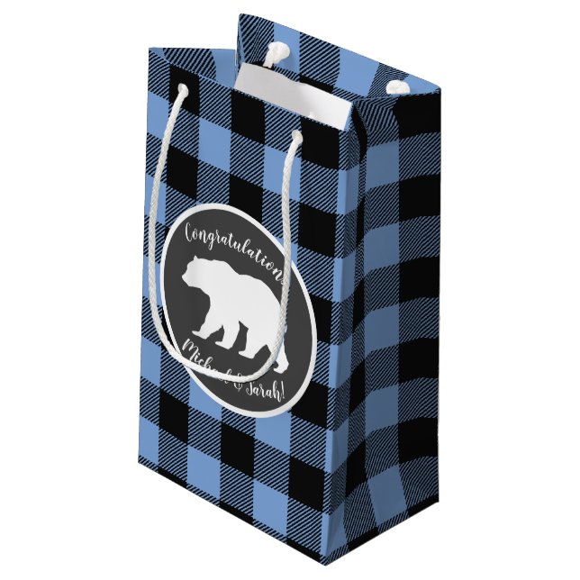 Mama Bear Baby Shower Woodland Lodge Boy Blue Small Gift Bag (Back Angled)
