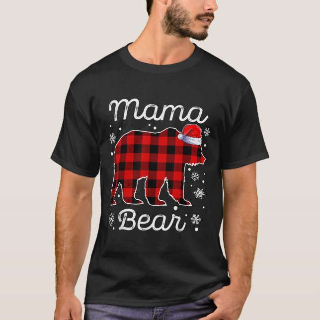 Mama Bear Christmas Pyjamas Red Plaid Buffalo Fami T-Shirt (Front)
