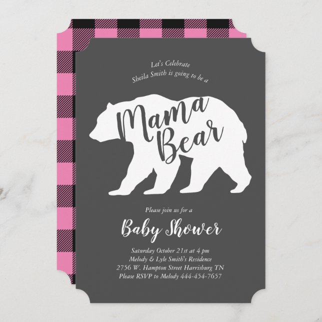 Mama Bear Lodge Baby Shower Pink Plaid Girl Invitation (Front/Back)