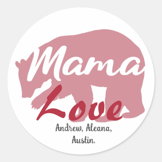 Mama Bear Mum Kid Names Personalised Customise Classic Round Sticker (Front)