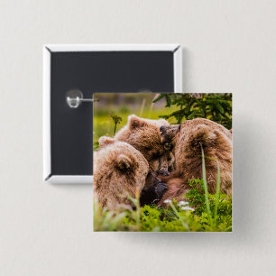 Mama bear nursing her two cubs, Lake Clark Nationa 15 Cm Square Badge