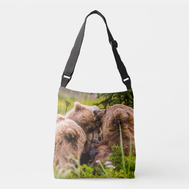 Mama bear nursing her two cubs, Lake Clark Nationa Crossbody Bag (Front)